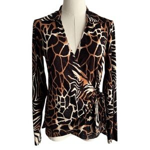 Vintage Y2K 2000s Animal Print Wrap Top Sz S Brown Giraffe Glitter Tie Waist EUC